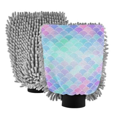 Imagem de STAYTOP Lindas luvas coloridas de sereia para lavagem de carro, 2 peças, luvas de microfibra de chenille, sem arranhões, panos de esponja de lavagem ultra absorventes para carros, limpeza doméstica