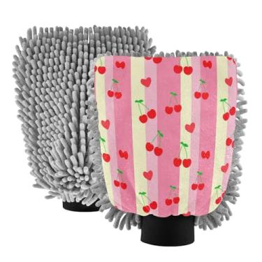 Imagem de STAYTOP Luvas de lavagem de carro de cereja listradas, 2 peças, luvas de microfibra de chenille, sem arranhões, panos de esponja de lavagem ultra absorventes para carros, limpeza doméstica - M
