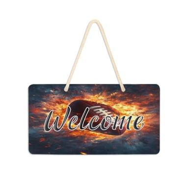 Imagem de Burbuja Placa de boas-vindas de futebol americano de fogo para porta da frente, placa de boas-vindas de PVC para decoração de férias de casa de fazenda, 15 x 28 cm