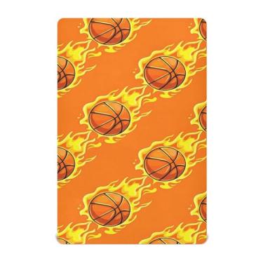 Imagem de Burbuja Lençol de berço com desenho animado de bolas de basquete com chamas para meninos e meninas, lençol com elástico 71 x 132 cm para berço padrão e colchões, macio e respirável