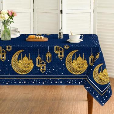Imagem de Horaldaily Toalha de mesa Ramadã retangular 152 × 213 cm, Eid Al-Adha Mubarak, lavável, sazonal, azul, para decoração de festa, piquenique, jantar