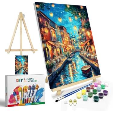 Imagem de igoodom Kit de pintura de paisagem por números para adultos com moldura e cavalete, pintura acrílica DIY de 20 x 30 cm em tela com caixa, conjunto de tinta de rua de água por números para decoração de