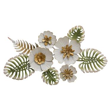 Imagem de Sintosin Decoração de parede de flores de metal vintage 3D para sala de estar 61 x 33 cm, decoração de parede com folhas decorativas de metal antigo branco e dourado para sala de jantar, quarto