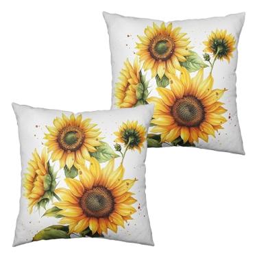 Imagem de Kwlegh Conjunto de 2 capas de almofada de girassol 50 x 50 x 50 capas de almofada de verão flores amarelas ao ar livre capa de almofada quadrada de linho de algodão para sala de estar sofá