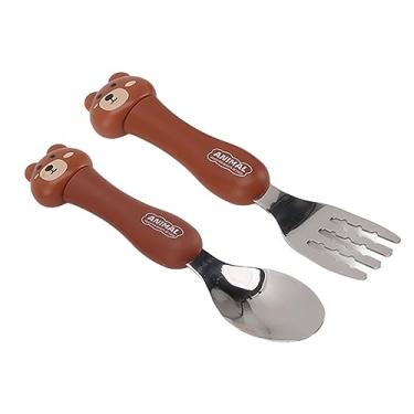 Imagem de Cryfokt Conjunto de Colher Garfo de Desenho Animado para bebê, Talheres de Aço Inoxidável para Crianças, Talheres Ergonômicos para Crianças (Urso)