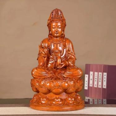 Imagem de FENNYYAR Estátua de Buda Guanyin de madeira de jacarandá feita à mão, 20 cm, ornamento Feng Shui para decoração de casa