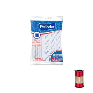 Imagem de Kit Saco Pipoca Festcolor 7,5cm x 14cm 50un + Fita Cetim Rolo 4mm x 100m
