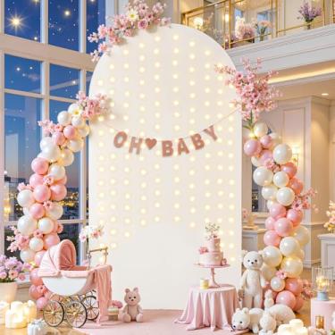 Imagem de Capa de fundo de arco branca de 1,8 m com cordão de luzes, capas de arco de casamento, cenário elástico, festa, chá de bebê, chá de panela, foto de aniversário, fotografia de fundo, suporte de arco