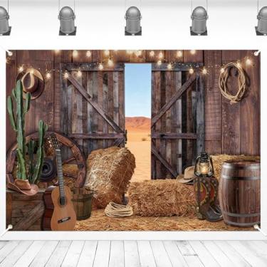 Imagem de Pano de fundo de caubói de celeiro ocidental de 18 x 1,5 m – Fundo de fotografia rústica de fazenda com fardos de feno, portas de madeira, cactos e luzes de corda para festas no campo, rodeio e