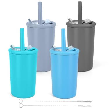 Imagem de Vermida Copos infantis com canudo e tampa, copo de canudos com isolamento de parede dupla de 340 g com tampas, copos infantis de aço inoxidável com canudos mantém as bebidas frias e quentes, pacote