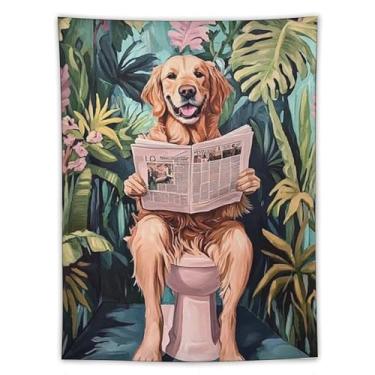 Imagem de Cão tropical retrô lendo jornal no banheiro tapeçaria engraçada pendurar na parede selva decoração botânica para banheiro hóspede banho homem caverna decoração de parede casa presente dormitório 152 x
