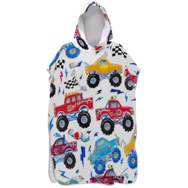 Imagem de Joisal Roupão absorvente para adultos, poncho de surfe, com capuz, toalha de natação, caminhões coloridos, carro, desenho animado, poncho masculino com capuz