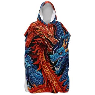 Imagem de Joisal Poncho de surf Blue Red Dragons para adultos trocador com capuz toalha de natação ponchos de praia leves para homens