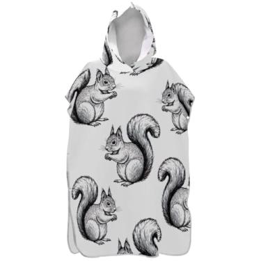 Imagem de Joisal Poncho de surf de secagem rápida para adultos roupão com capuz toalha de natação bonito vintage esquilos cinza branco poncho masculino com capuz