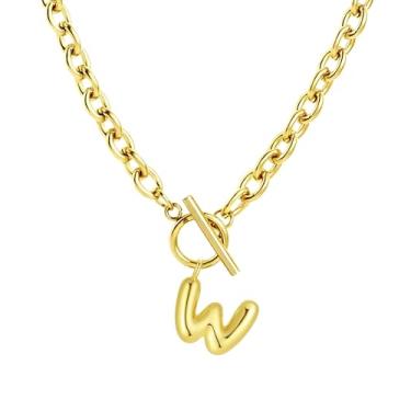 Imagem de Fiiuos Colar com inicial para mulheres, banhado a ouro 18 K, delicada, com pingente de letra bolha personalizada, corrente de elos grossos de clipe de papel com fecho de botão minimalista, joias de