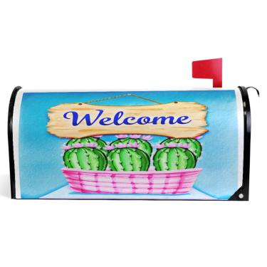 Imagem de TSENQUE Capas de caixa de correio magnéticas decorativas flores de cacto azul verde vinil caixa de correio envoltório verão férias à prova de intempéries decoração de caixa de correio tamanho padrão
