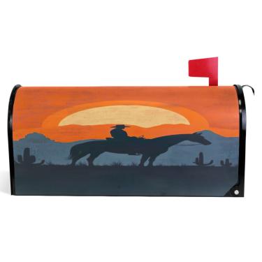 Imagem de TSENQUE Capas de caixa de correio magnéticas decorativas de vinil para caixa de correio envoltórios de inverno caubói ocidental arte pôr do sol decoração de caixa de correio de casa de fazenda ao ar