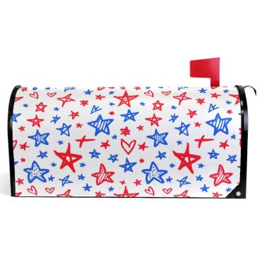 Imagem de TSENQUE Capas decorativas de caixa de correio com estrelas azuis vermelhas magnéticas envoltórios de caixa de correio de vinil caixa de correio moderna decoração de jardim tamanho grande 64,5 x 52,8