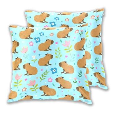 Imagem de Joitme Lindas capas de almofada de capivaras flores azuis, conjunto de 2 capas de travesseiro para ambientes externos, almofadas de sofá para sofá, 45 x 45 cm, 2 peças
