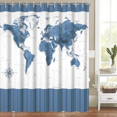 Imagem de Conjunto de cortinas de chuveiro mapa mundial países cidades cortinas de banheira aquarela azul decoração de banheiro geografia educacional banheiro cortinas de chuveiro lavável tecido de poliéster