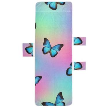 Imagem de Capa de toalha de cadeira de praia com bolsos e borboletas azuis, pretas, arco-íris, 203 x 76 cm