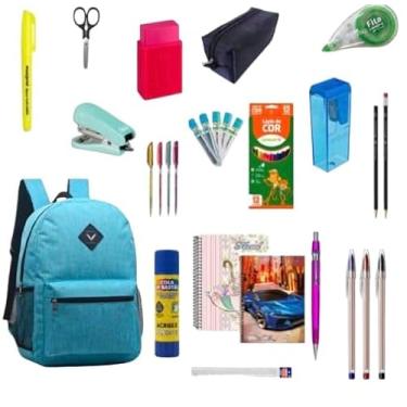 Imagem de Kit Material Escolar Completo 33 Item Com ou Sem Mochila Caneta Caderno Grampeado Lista Premium 2026 (AZU)