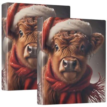 Imagem de Fichário personalizado de Natal Highland Cow de 3 cm com 3 anéis para guardar 200 folhas, fichário de receitas com anel redondo, 31,5 x 27 x 6 cm, pacote com 2