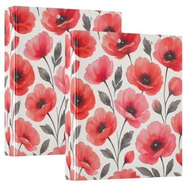 Imagem de Pastas em aquarela com três anéis de flores de papoula vermelha e rosa 3 cm, comporta 200 folhas, portfólio fofo, anel redondo, fichário resistente, 31,5 x 27 x 6 cm, pacote com 2