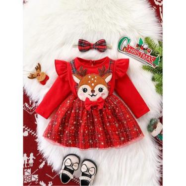 Imagem de Vestido De Natal Para Meninas Bebês Com Saia De Tule Xadrez E Aplicaçã