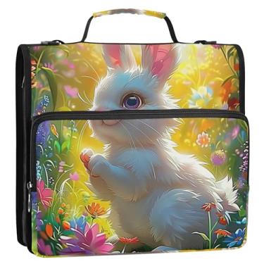 Imagem de 3 fichários de coelhinho branco coelho com 3 anéis de 3,8 cm anel D com zíper e alça pasta de armazenamento de bolsa de ensino médio com alça