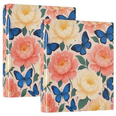 Imagem de Fichários personalizados com 3 anéis de flores de peônia rosa creme, azul, 3 polegadas, comporta 200 folhas, 3 pastas de anéis, fichário planejador de anéis redondos, 31,5 x 27 x 6 cm, pacote com 2
