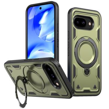 Imagem de MRRSIWEI Capa magnética para Google Pixel 9a, proteção de nível militar, resistente, à prova de choque com anel giratório e suporte para Google Pixel 9a. Capa verde
