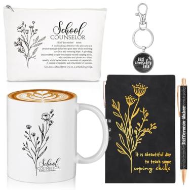 Imagem de SiliFine 5 peças presentes de conselheiro escolar de Natal para mulheres 368 g caneca de cerâmica apreciação bolsa de maquiagem chaveiro caderno de couro canetas de agradecimento presente para