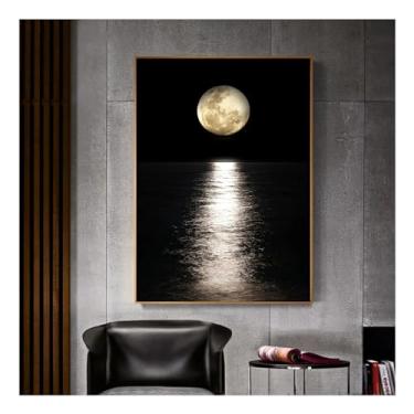 Imagem de Quadro de parede paisagem natureza lua sobre o oceano foto tela impressão pôster noite para sala de estar decoração de casa - (70 x 90 cm) moldura interna 71 x 89 cm