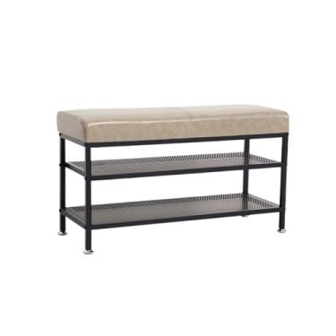 Imagem de Armários para sapatos com prateleiras para sapatos Banco de sapato, rack 3 camadas para entrada, banco armazenamento acolchoado com prateleira malha, organizador estrutura metal(Gray,120 * 32 * 50cm)