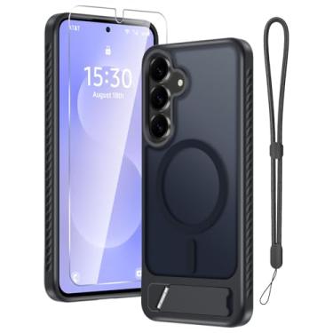 Imagem de RMOCR Capa para Samsung Galaxy S26 com protetor de tela + alça de pulso, capa magnética translúcida fosca robusta fina embutida com suporte invisível [apto para MagSafe], preto 2026