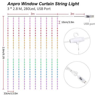 Imagem de 280 Luzes de Cadeia LED com Alimentação USB 8 Modos Iluminação Cortina Decorativas Controle Remoto e Botão para Decoração Quarto Interior