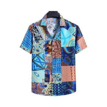 Imagem de Camisa Havaiana Masculina plus Size Com Estampa Digital 3D De Manga Cu