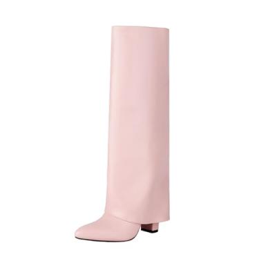 Imagem de Botas femininas de cano longo de inverno com bico fino sólido cobertura de perna salto grosso altura do joelho, rosa, 34