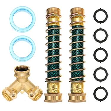 Imagem de Divisor de mangueira de 2 vias de latão 3/4, conector de mangueira de jardim de 2 vias de latão com 2 peças de protetores de mola enrolada para mangueira de jardim e 6 arruelas de borracha, fitas de v