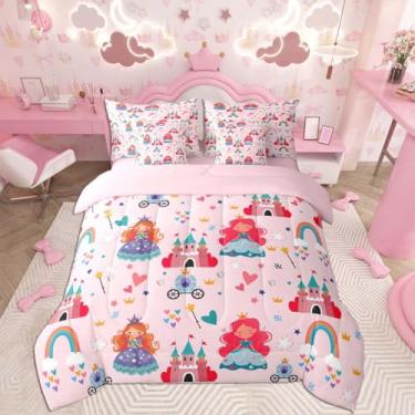Imagem de Feelyou Conjunto de edredom casal princesa com 7 peças, decoração de quarto de arco-íris, para crianças, meninos, meninas, rosa, microfibra leve e macia