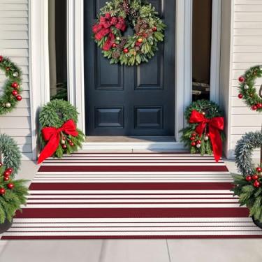 Imagem de KILOCOCO Tapete listrado – Tapete de porta frontal de 9,5 cm x 1,5 m, tapete de boas-vindas ao ar livre, tapete de varanda frontal lavável de algodão em camadas para varanda da frente/fazenda/entrada, vermelho
