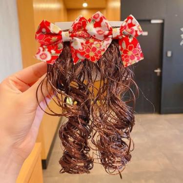 Imagem de Peruca de bebê 2 peças acessórios de cabelo estilo chinês fofo laço vermelho grampo de cabelo diário bonito peruca de laço infantil (9)