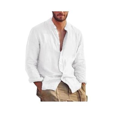 Imagem de Camisa De Linho Masculina De Manga Longa, Cor Sólida, Casual, Leve, Re