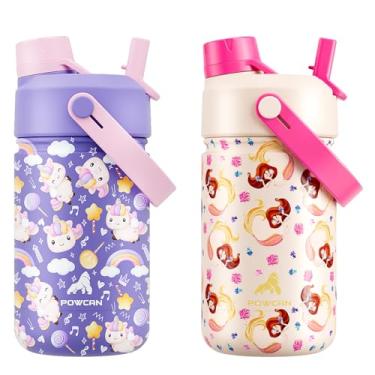 Imagem de POWCAN Pacote com 2 garrafas de água isoladas infantis de 340 g para escola: à prova de vazamento, tampa de bico de canudo 2 em 1, livre de BPA, manter frio 24 horas, copo de aço inoxidável para