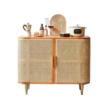 Imagem de KHUTRW3D Aparador de madeira maciça de vime para cozinha, sala de estar, multifuncional, prateleiras, multicamadas, porta dupla, buffet