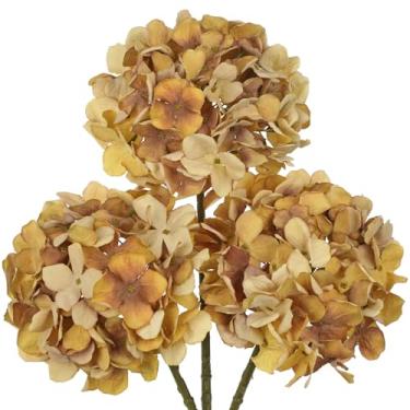 Imagem de Oairse Flores artificiais de hortênsia marrom, 49,8 cm, secas, texturizadas, flores de hortênsia com hastes, 3 peças, buquê de flores falsas, flores artificiais, volume para mesa, casamento, decoração