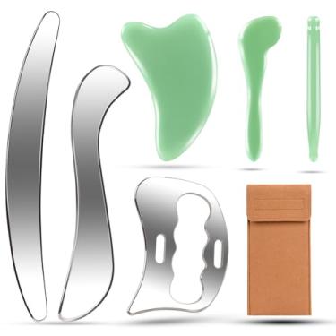 Imagem de Clheatky Raspador muscular de aço inoxidável, 6 em 1, ferramentas faciais Gua Sha, ferramentas corporais Gua Sha, ferramenta de massagem com ponta de pedra de jade, ferramenta raspadora de massagem