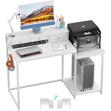 Imagem de SINPAID Mesa de computador de 119 cm com prateleira de impressora, mesa de jogos com suporte para monitor e gavetas, mesa de escritório em casa reversível com prateleiras de armazenamento e 2 ganchos