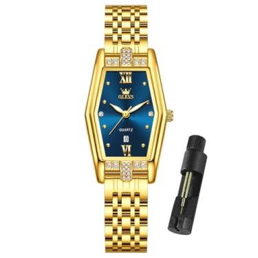 Imagem de OLEVS Relógio feminino dourado, aço inoxidável, moderno, analógico, quartzo, luminoso, à prova d'água, relógio Wrsit, Relógios modernos: azul